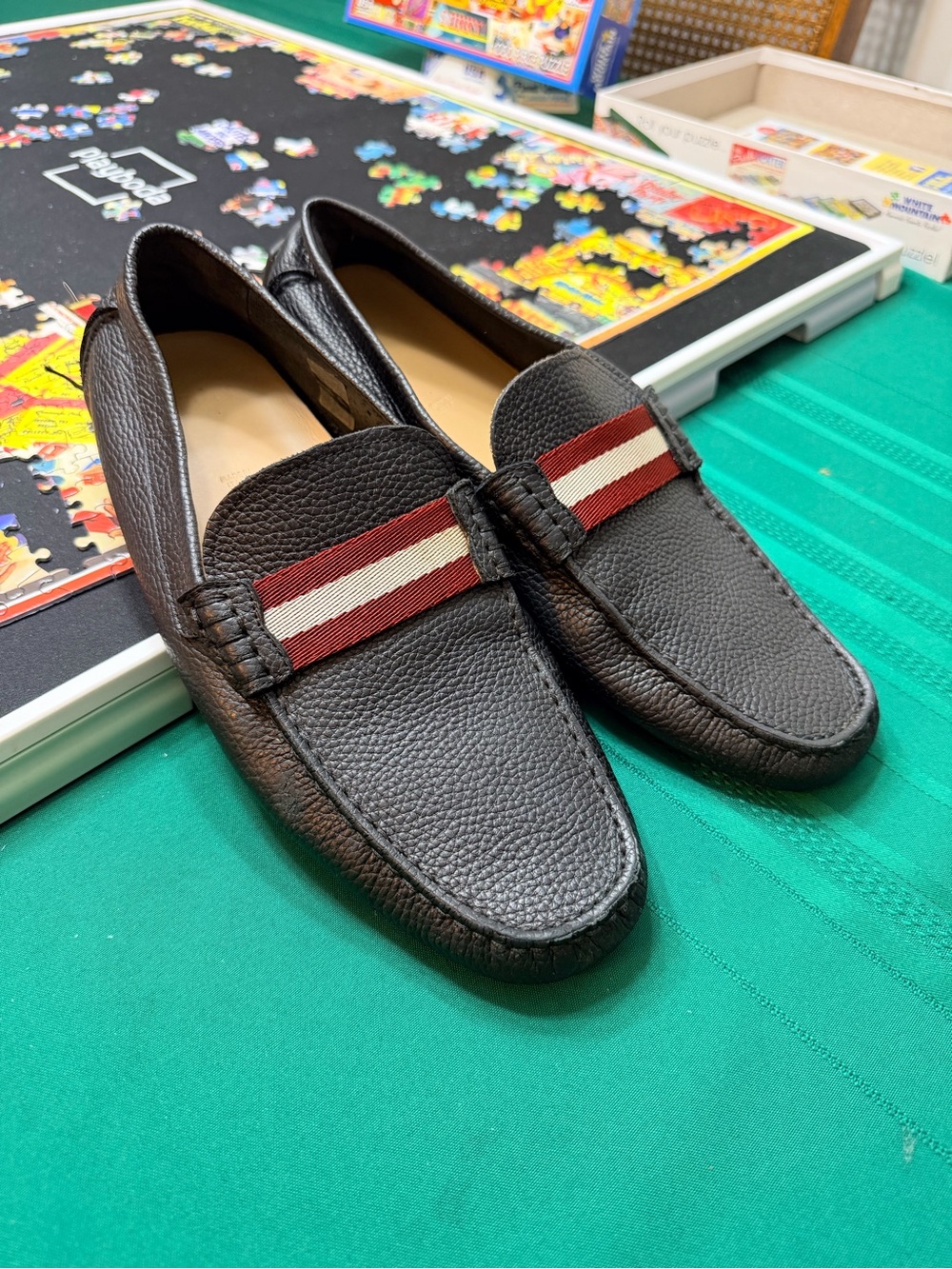 Bally Black Pebbled Leather Loafers with Red and White Webbing - Size 10